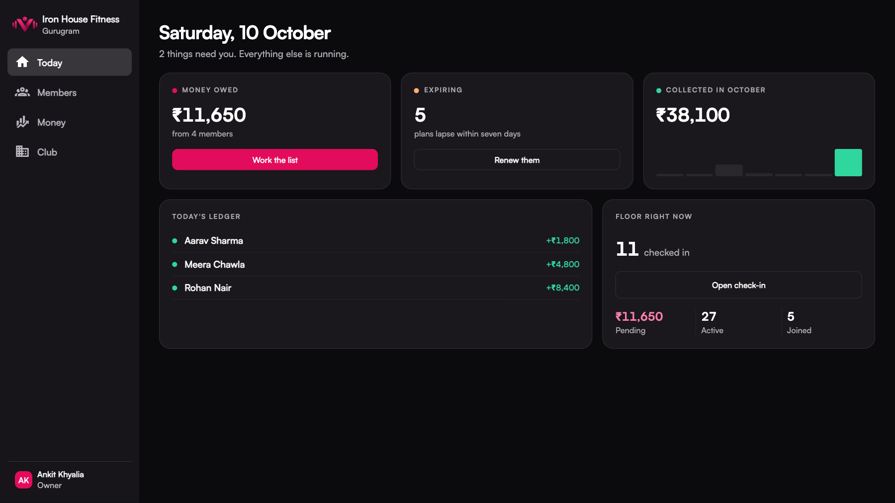 The Today screen of the Varzish Mate web app in a desktop browser.