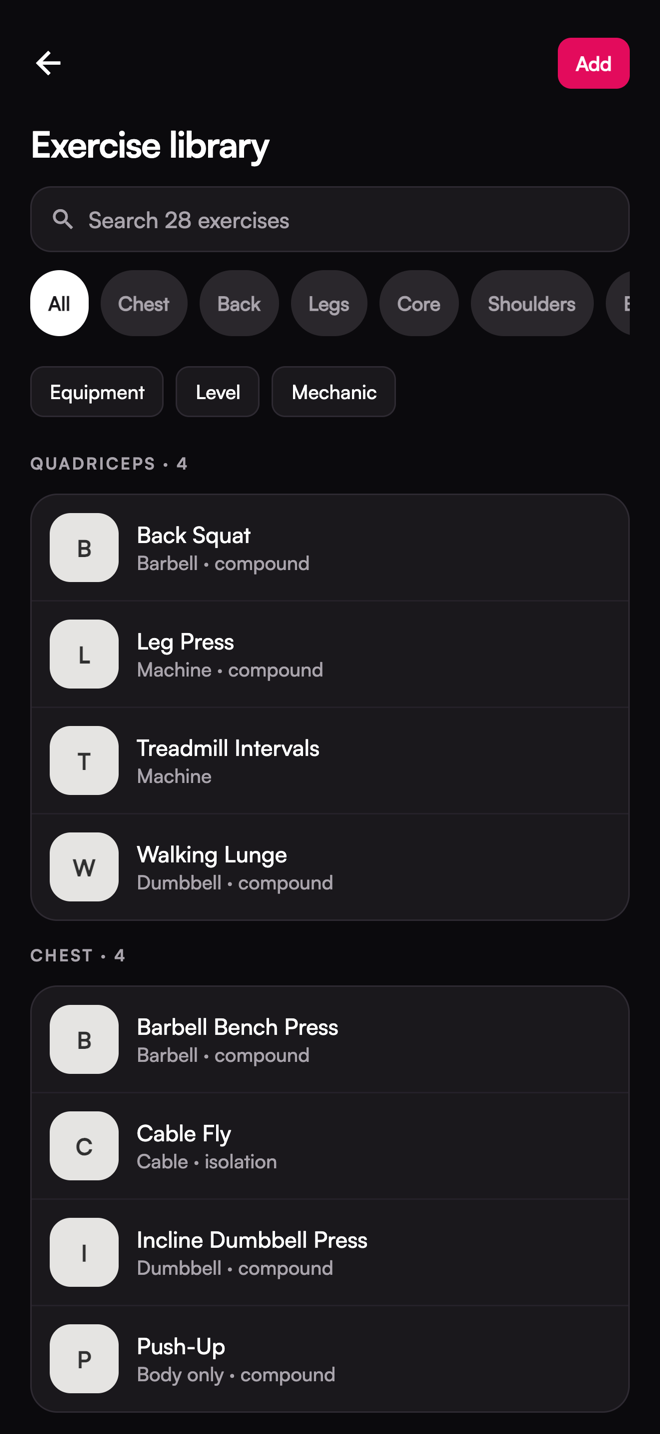 The Exercise library screen. Exercise library with the club's own additions.